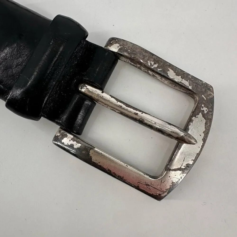 Fossil Mens Italian Full Grain Cowhide Silver Buckle Waist Belt Black Size 90/36